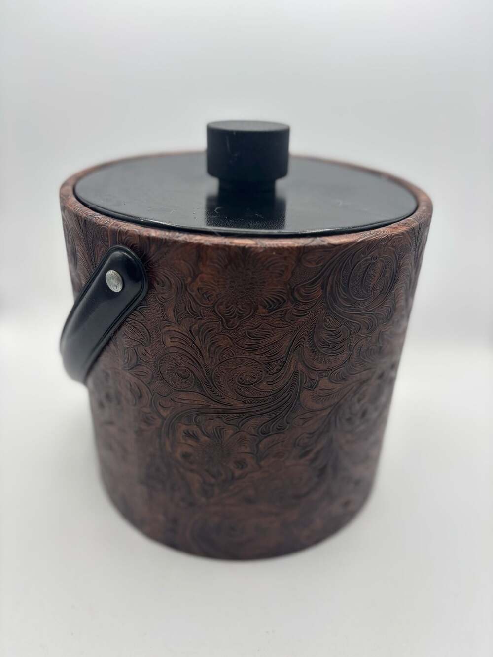 Vintage Irvinware Brown Faux Tooled Leather Embossed Ice Bucket